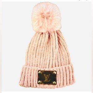 New LV Pink Chenille Patch Beanie